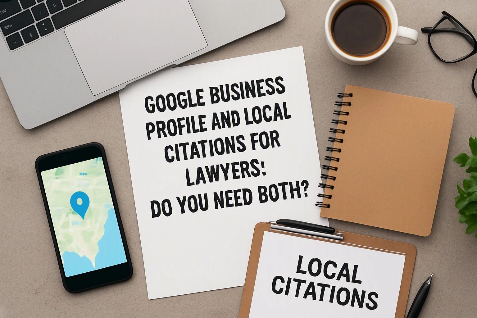 A desk with a laptop, coffee, notebook, phone map icon, and papers about local citations for lawyers