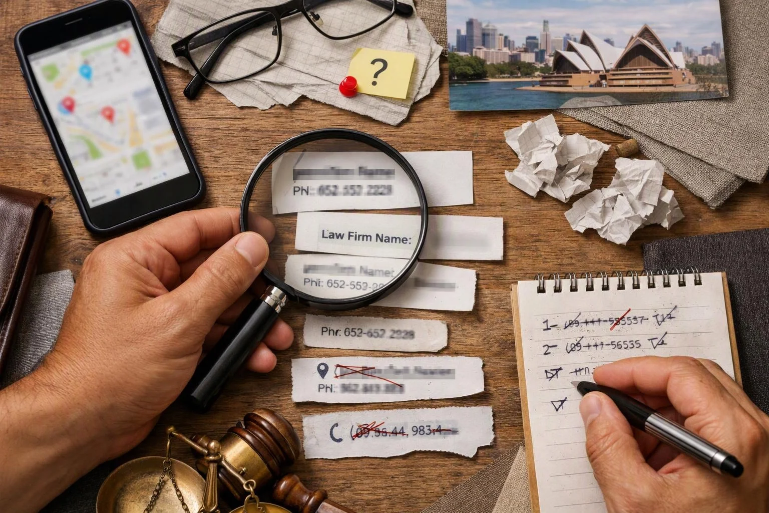 Advertising-grade tabletop still life photograph of overhead flat-lay of items that represent "Inconsistent Firm Details Across Local Listings" in a Lawyer SEO