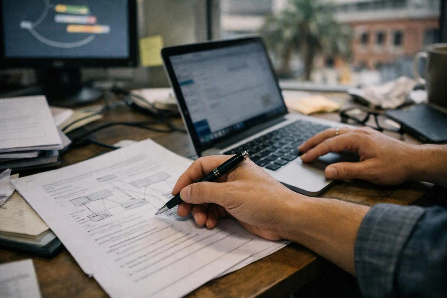 A person writes on printed documents beside a laptop in a cluttered desk workspace