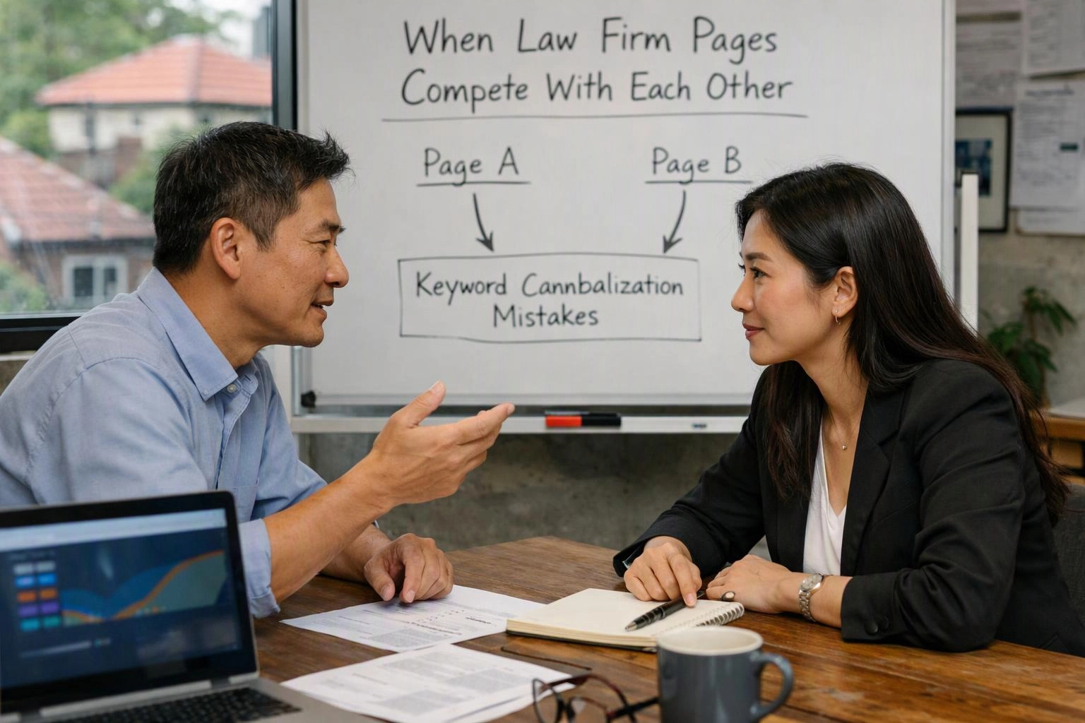 Two-person consultation photograph showing environmental still life in a real workspace where "When Law Firm Pages Compete With Each Other" is planned