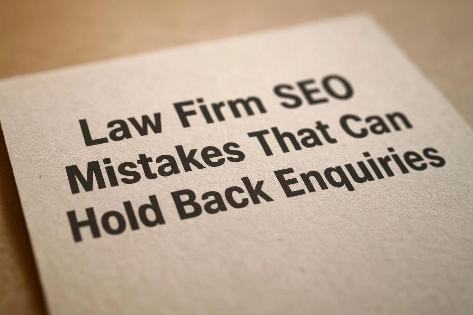 A paper page shows the bold headline “Law Firm SEO Mistakes That Can Hold Back Enquiries”