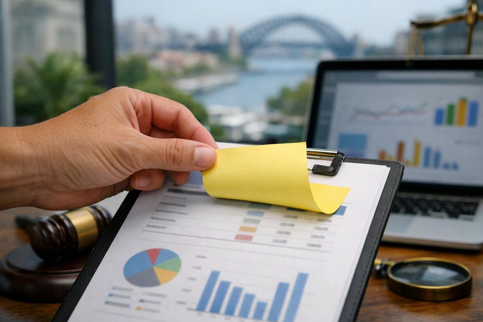 A hand lifts a yellow sticky note from a clipboard beside charts, with a laptop and bridge view behind it