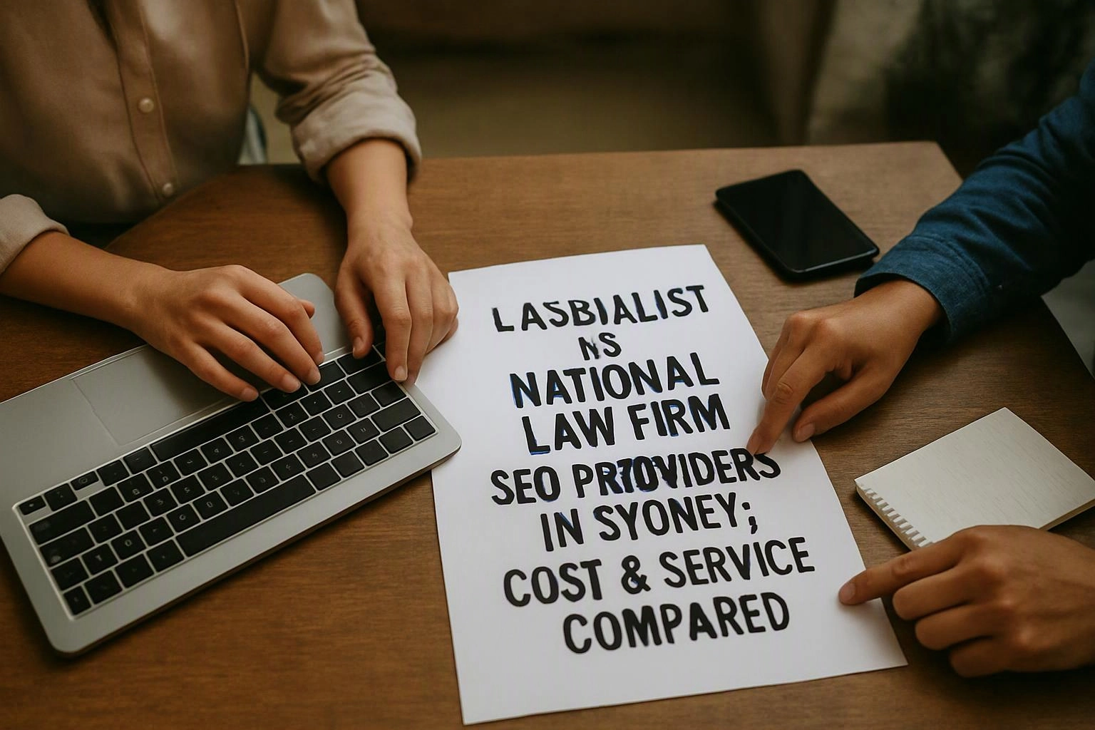 Hands point at a paper with bold text beside a laptop, phone, and notepad on a wooden table