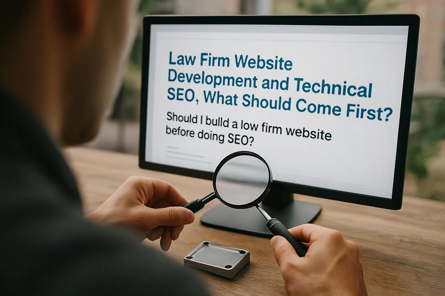 A person holds a magnifying glass toward a computer monitor showing a website article about law firm SEO and website development