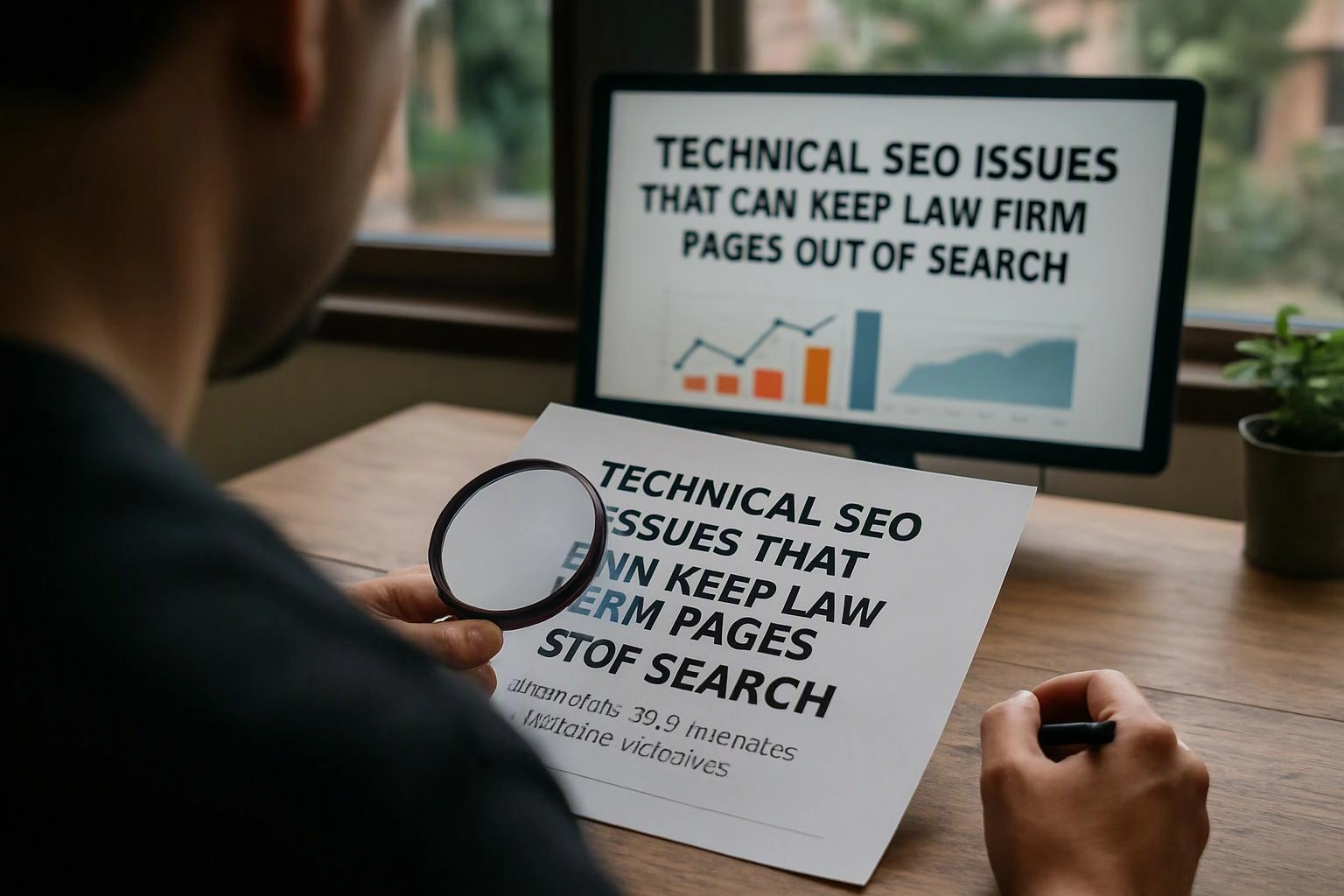 A person studies a printed SEO page with a magnifying glass beside a monitor showing charts and search-related text
