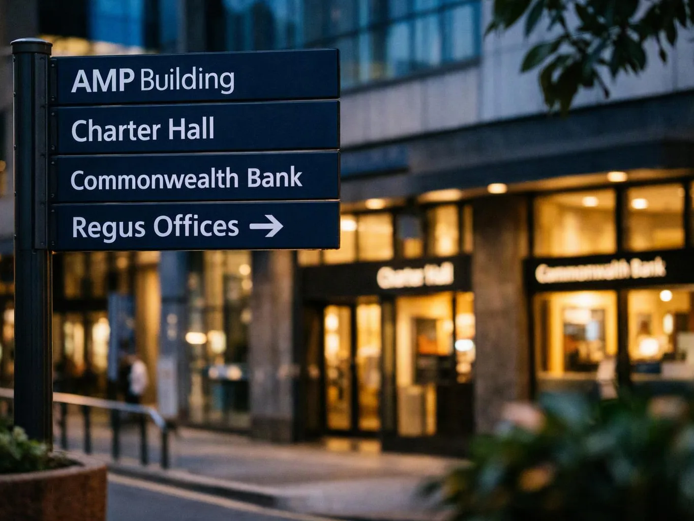 A blue directional sign lists buildings outside a glass-fronted office entrance at dusk