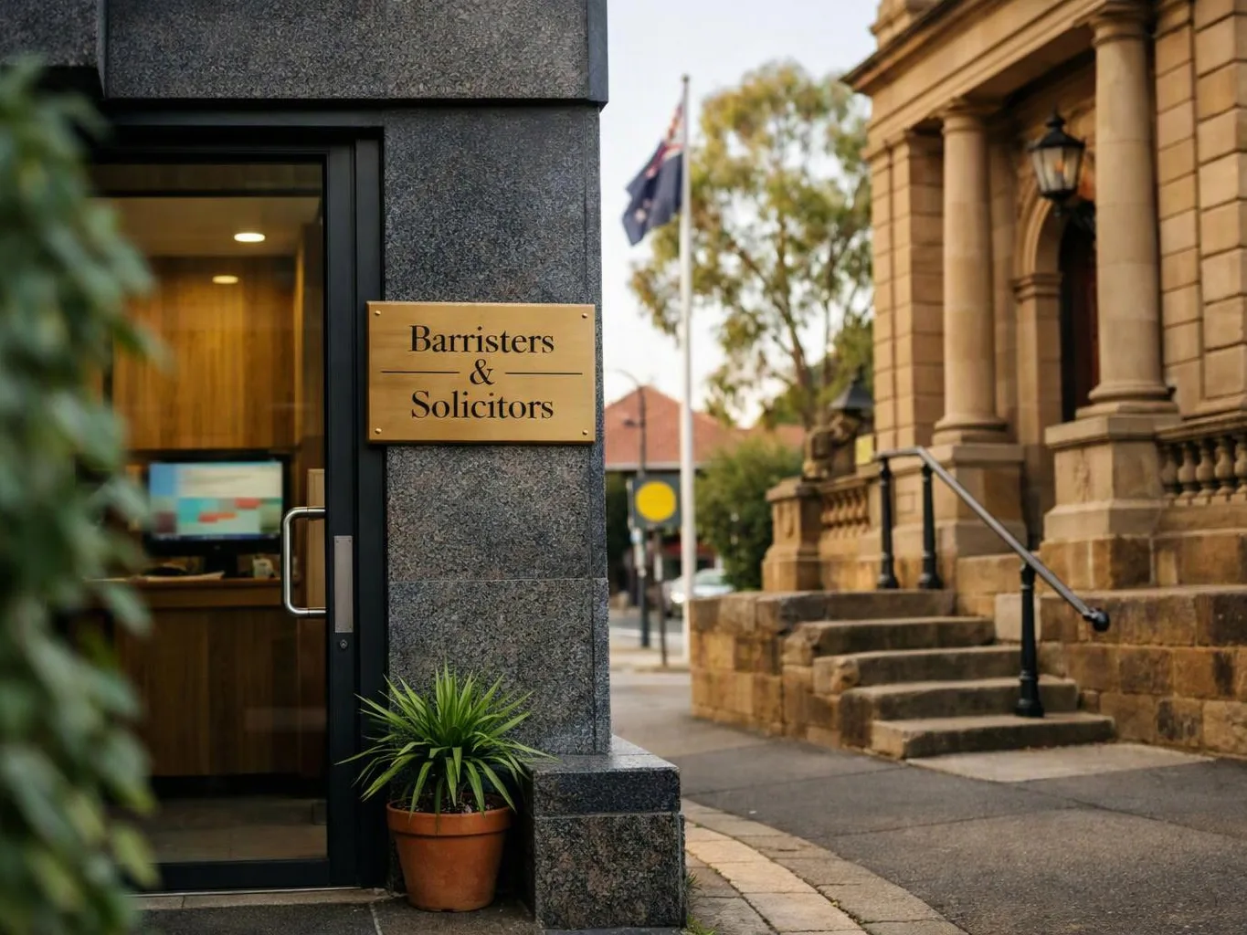 A brass sign reading Barristers and Solicitors hangs beside a glass office door on a quiet street