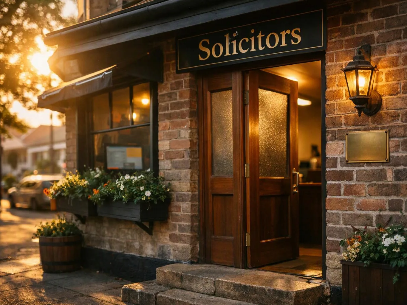 A brick storefront with a lit lantern, open wooden door, and flower boxes at sunset