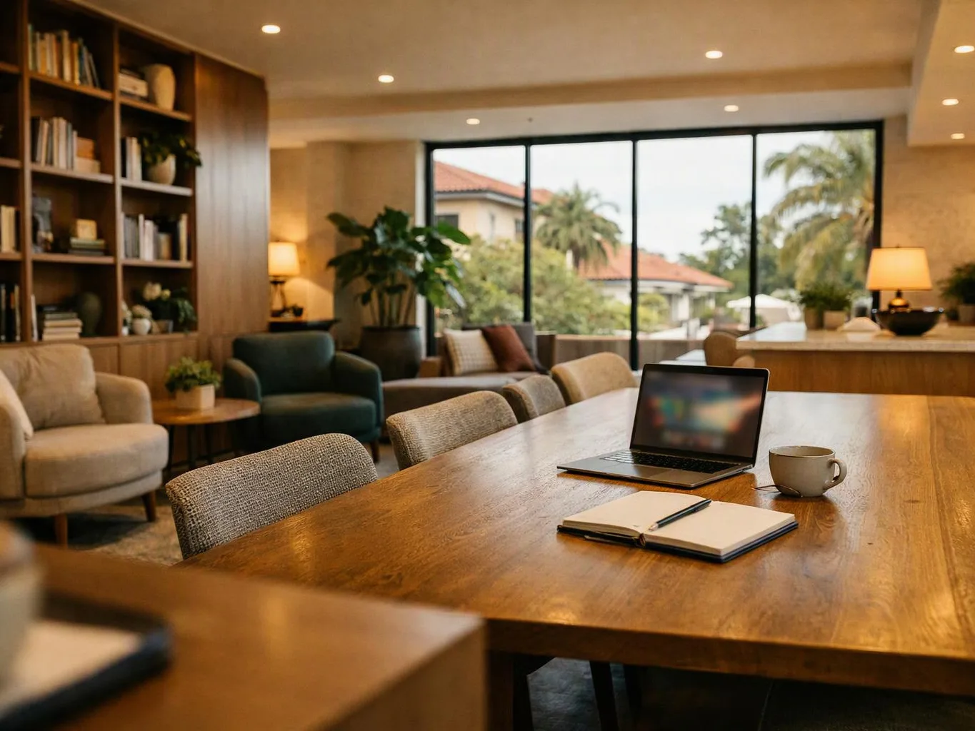 A cozy lounge shows a wooden table with a laptop, notebook, and coffee mug beside chairs and bookshelves