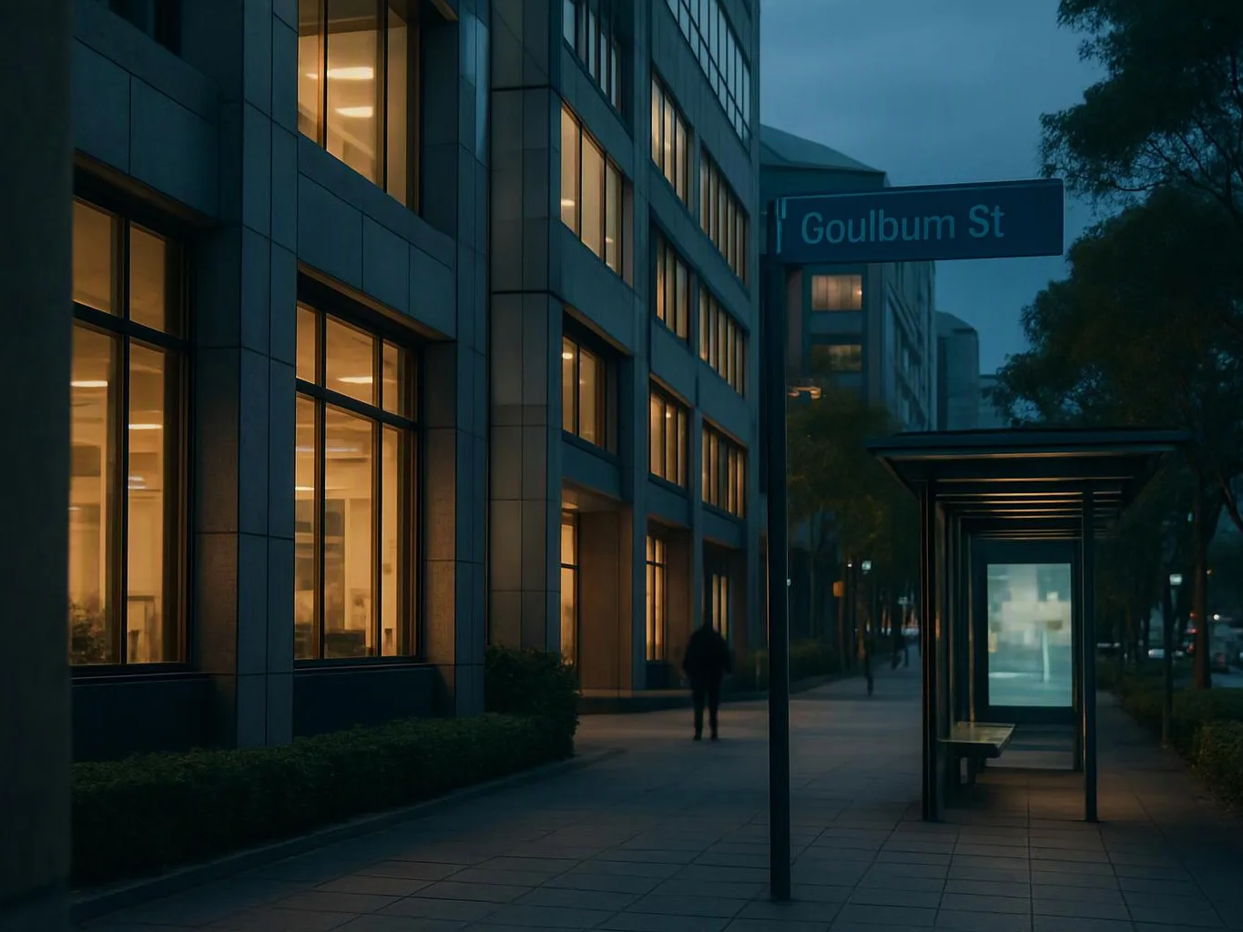A dim city sidewalk runs past lit office windows and a bus shelter under a Goulburn St sign