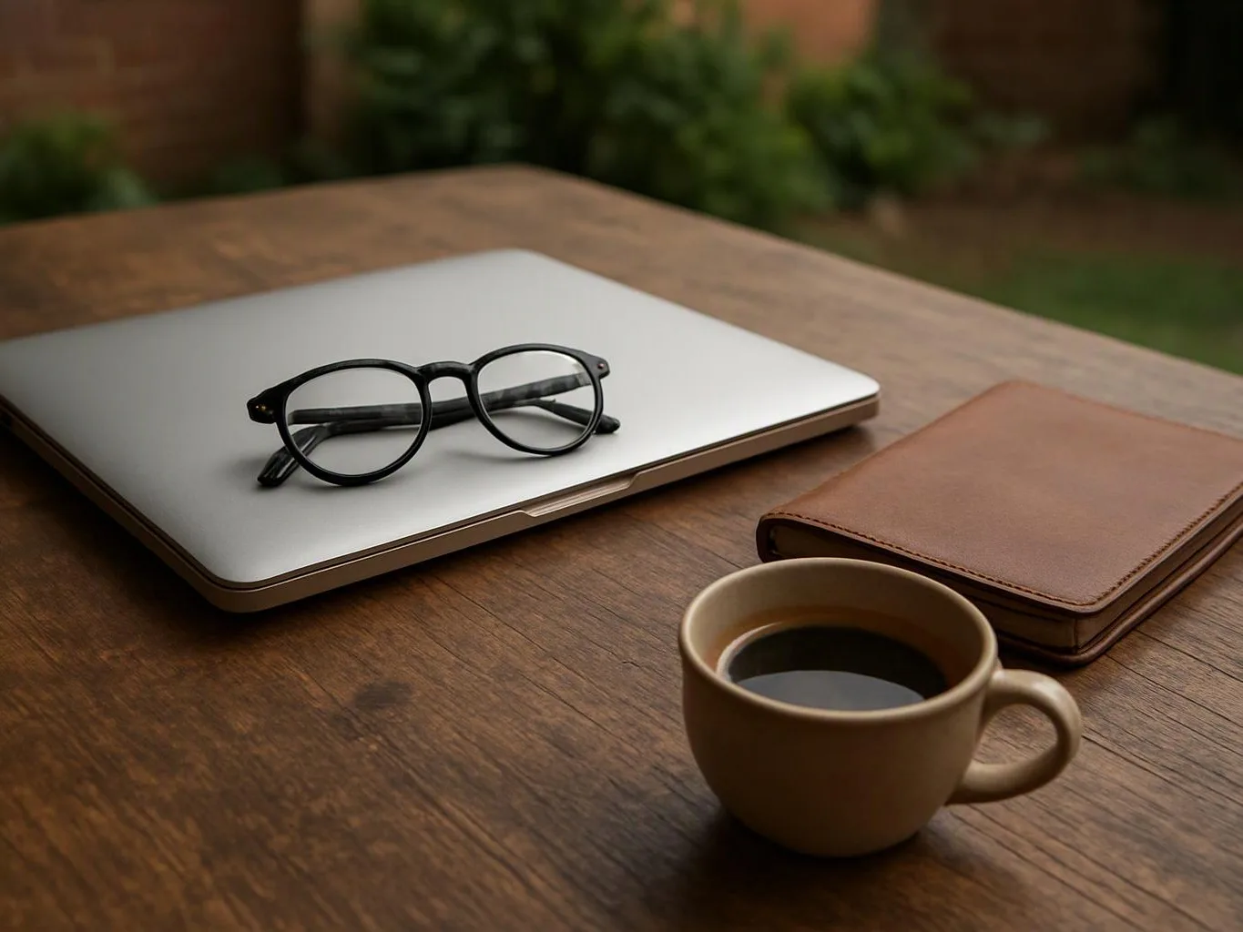 Glasses rest on a closed laptop beside a coffee cup and brown notebook on a wooden table