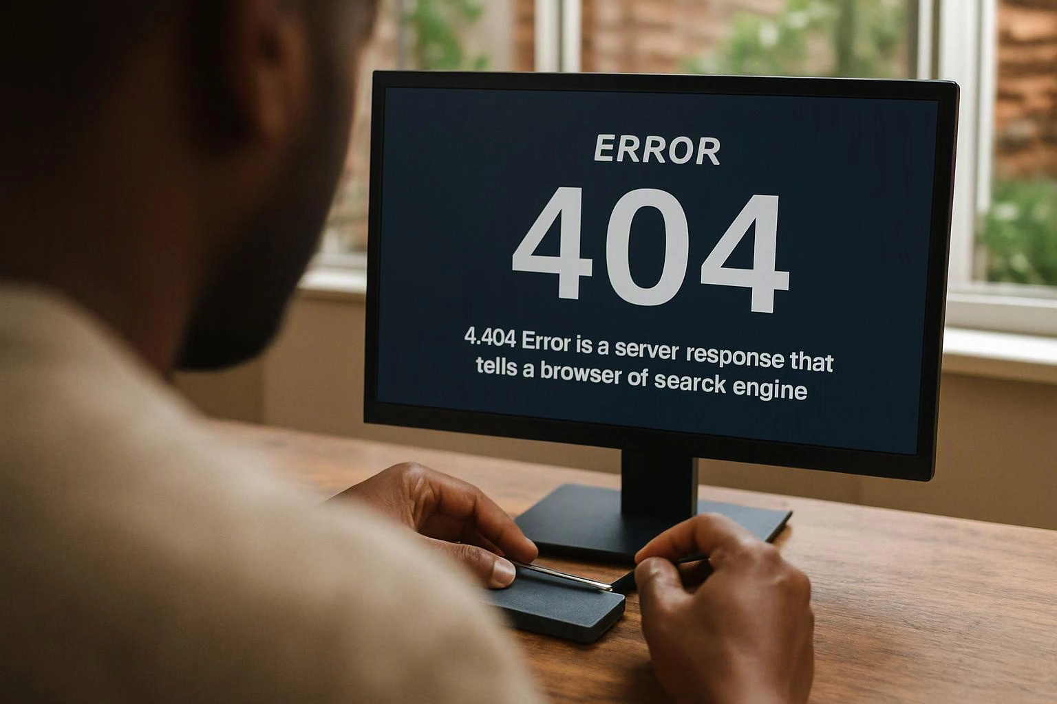 A person sits at a desk looking at a monitor showing a large 404 error message