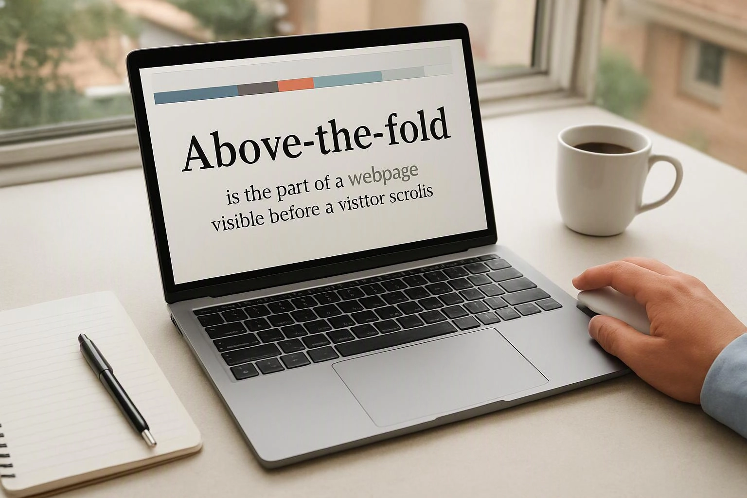 A laptop on a desk displays “Above-the-fold” text beside a coffee cup, notebook, and resting hand