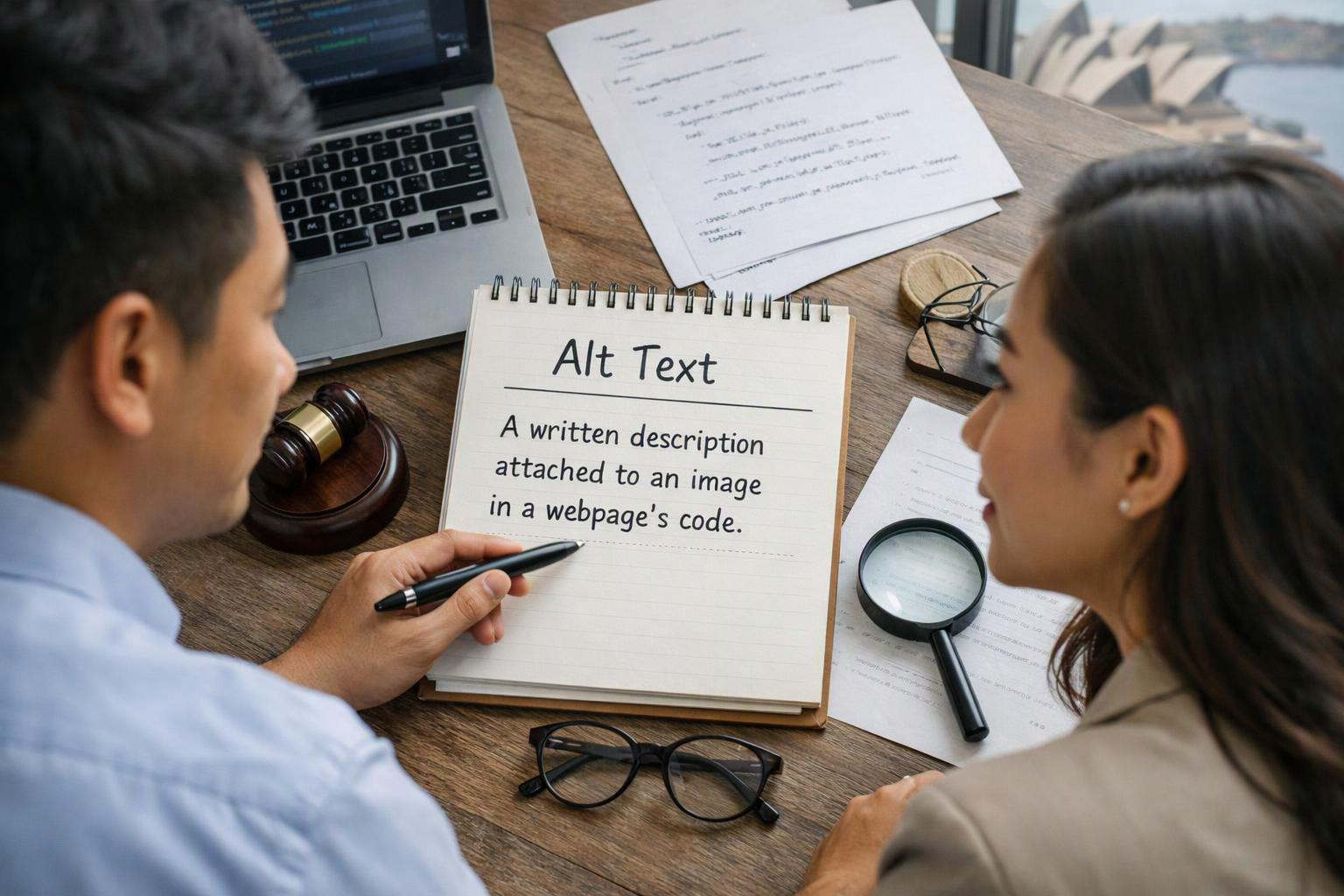Two people review a notebook page titled “Alt Text” on a desk with a laptop, papers, glasses, and a magnifying glass