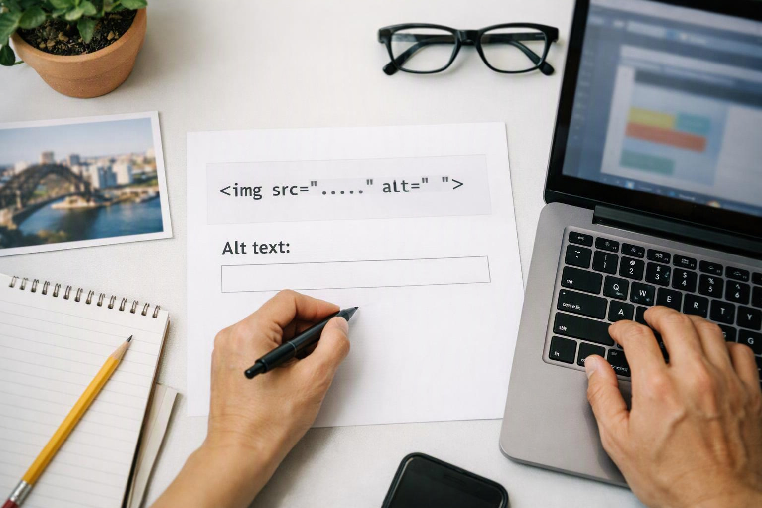 Hands type an alt text form beside a laptop, notebook, glasses, plant, and photo on a desk