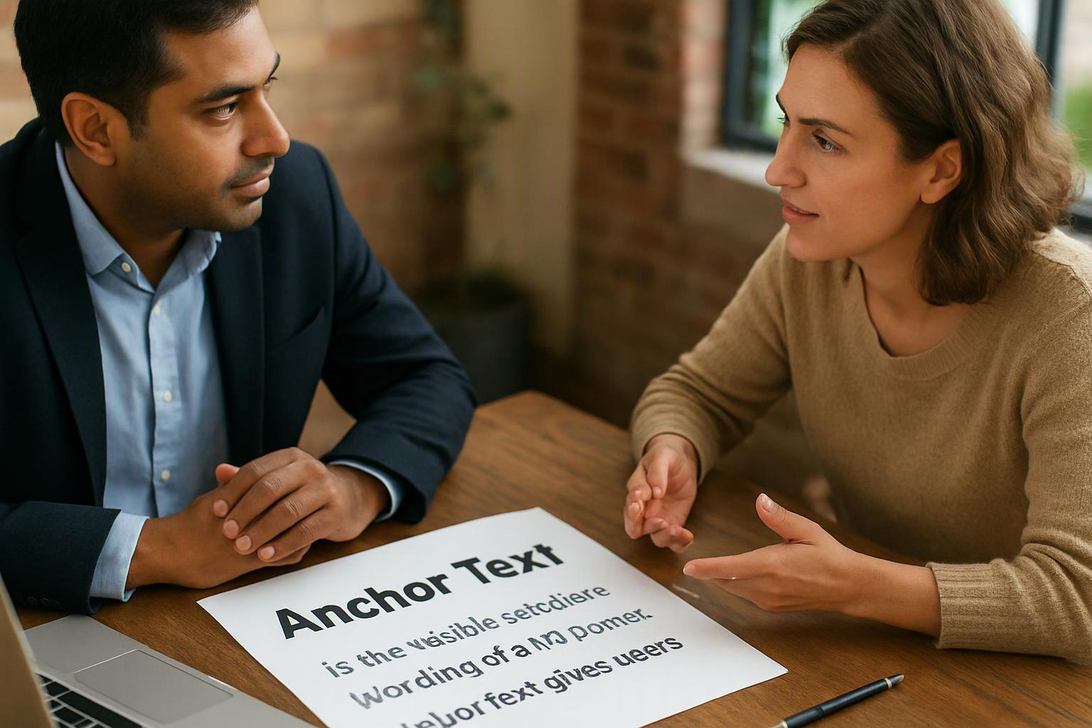 Two people sit at a table discussing a paper labeled "Anchor Text" in a bright room