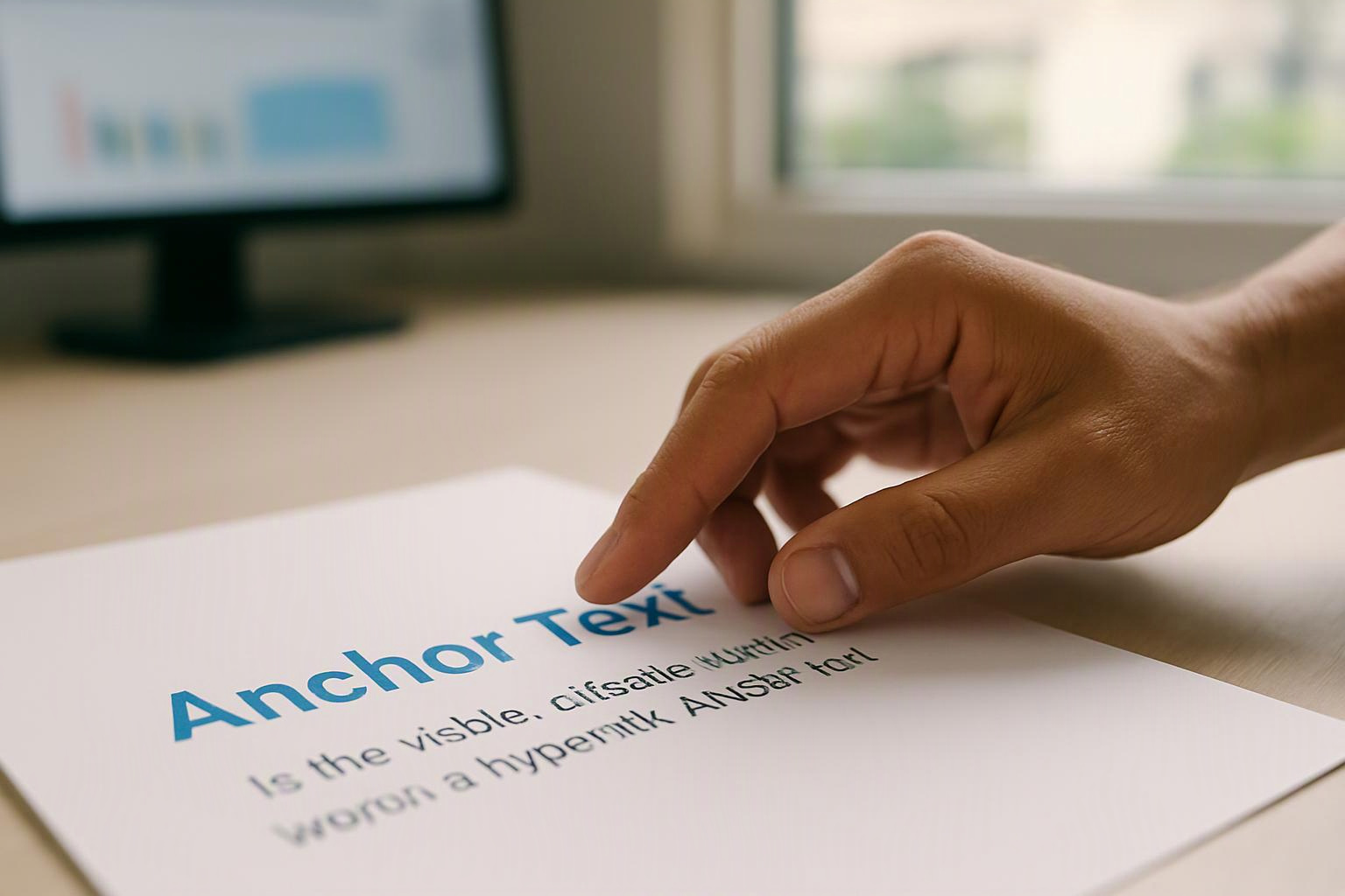 A hand points at a printed page with the title “Anchor Text” on a desk near a window