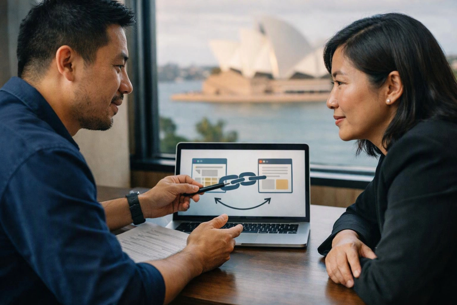 Two people sit at a table, discussing a laptop screen showing linked web pages near a waterfront window