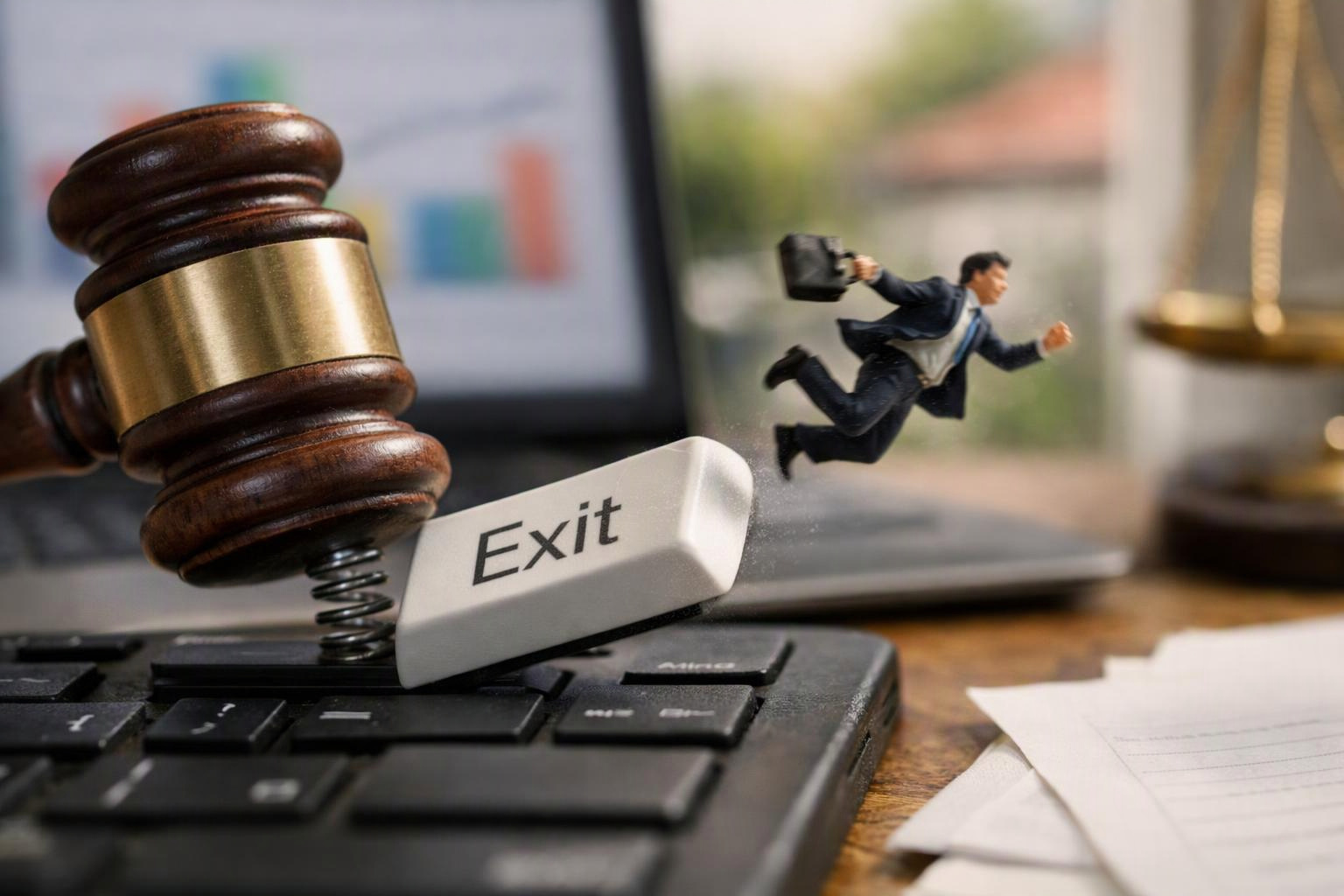 A gavel strikes a keyboard beside an Exit key as a tiny business figure runs away
