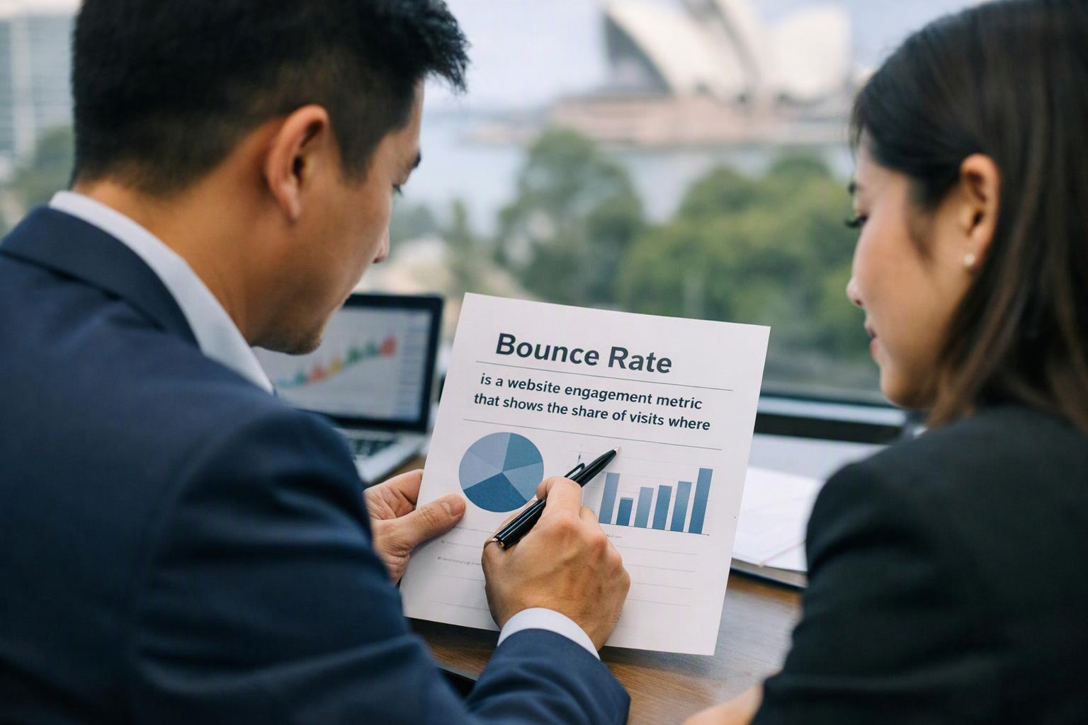 Two coworkers review a report with charts and the heading “Bounce Rate” at a desk by a window