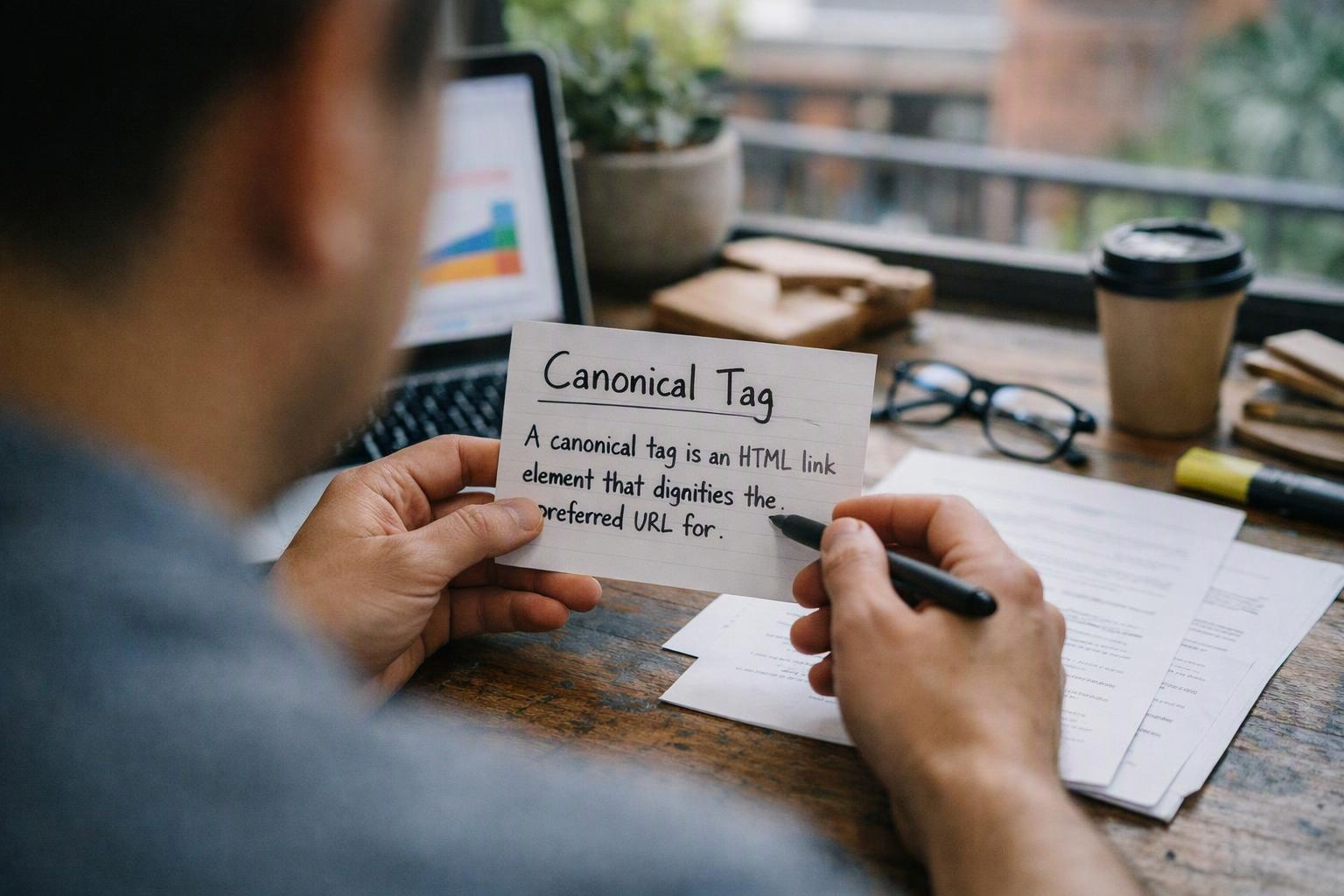 A person writes on a note card about a canonical tag beside a laptop and papers on a desk