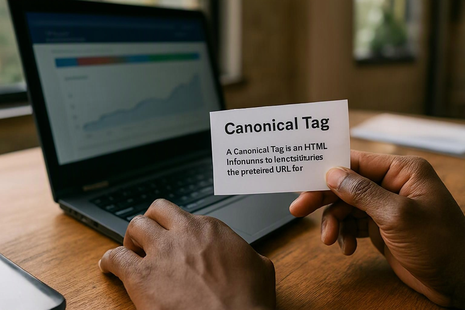 Hands hold a card reading "Canonical Tag" beside a laptop showing a blurred chart on a desk