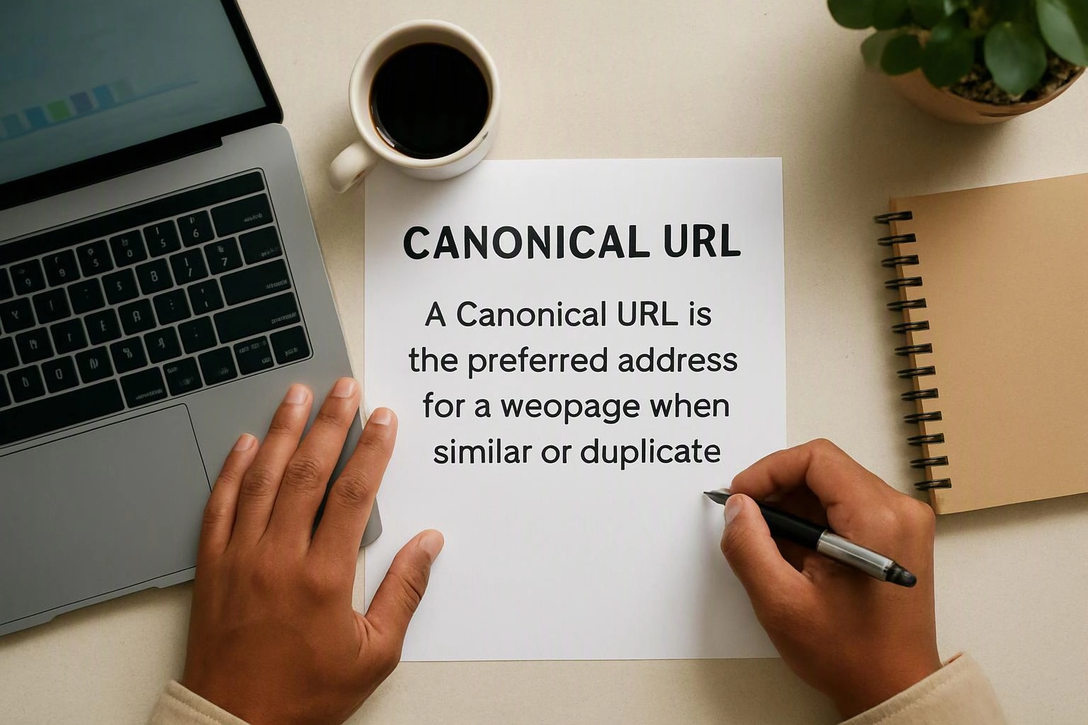 Hands hold a pen over a paper that reads "CANONICAL URL" beside a laptop and coffee cup