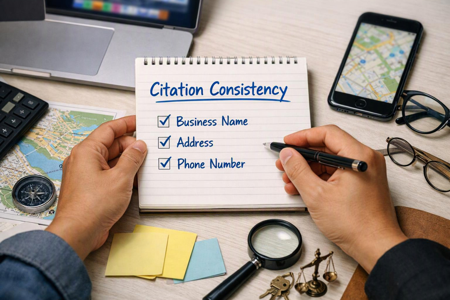 Hands write in a notebook listing citation consistency items beside a laptop, phone, map, glasses, and magnifier on a desk