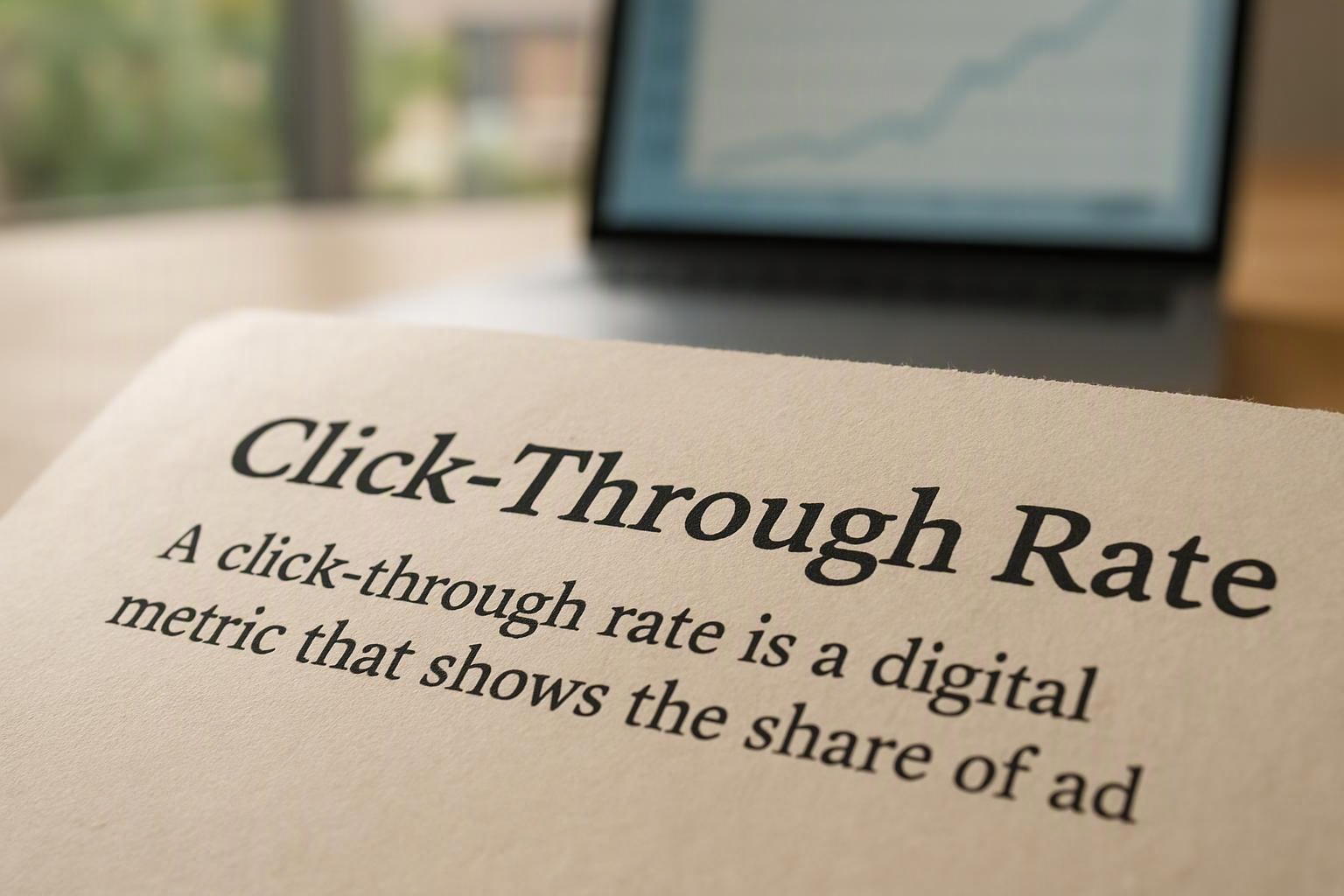 A printed page shows the heading “Click-Through Rate” beside a blurred laptop on a desk