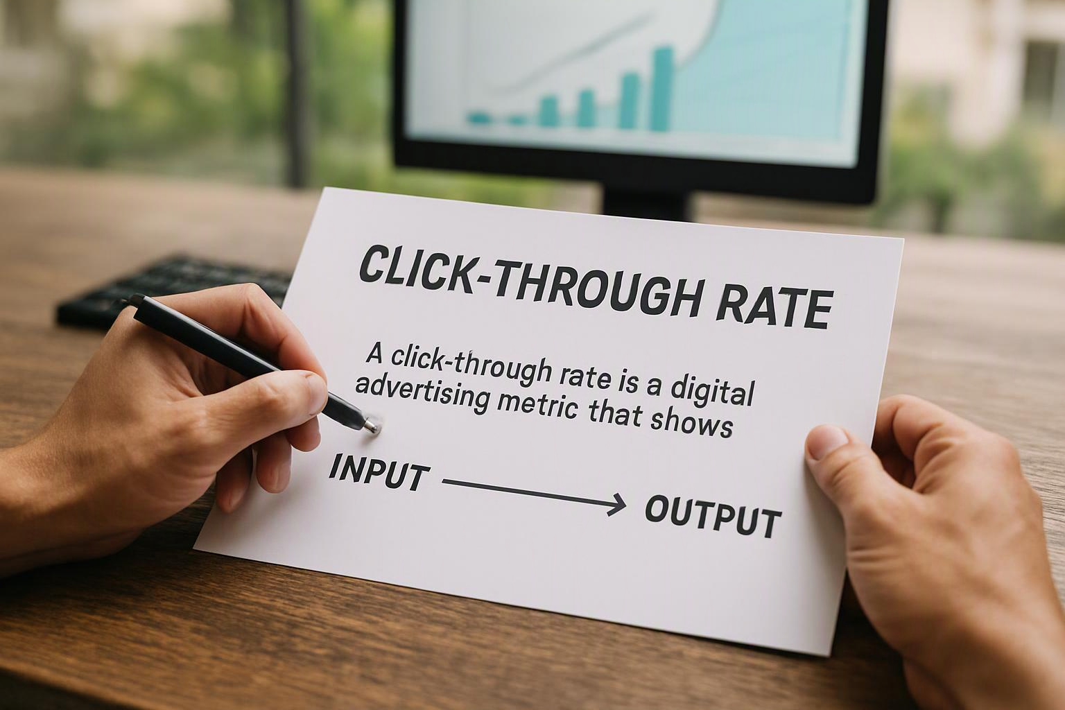 Hands hold a card explaining click-through rate beside a desk monitor showing a rising chart
