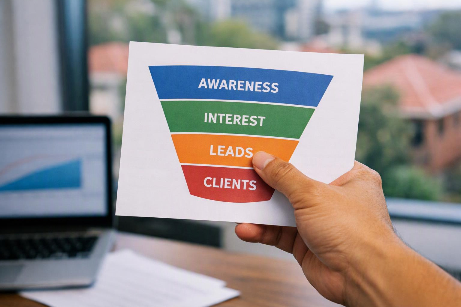 A hand holds a funnel chart card labeled awareness, interest, leads, and clients beside a laptop on a desk