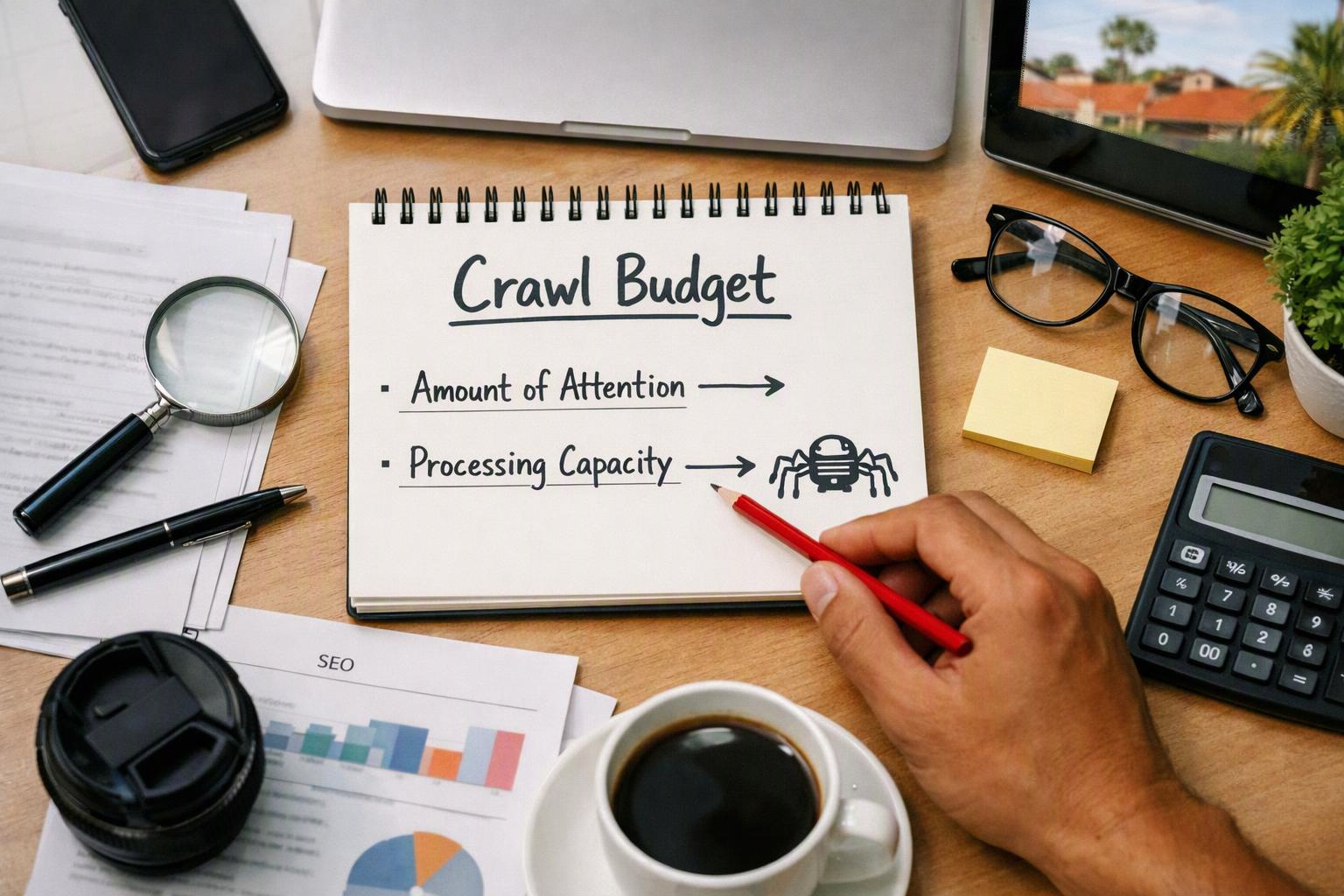 A desk scene shows a hand pointing at a notebook labeled “Crawl Budget” beside office tools and charts