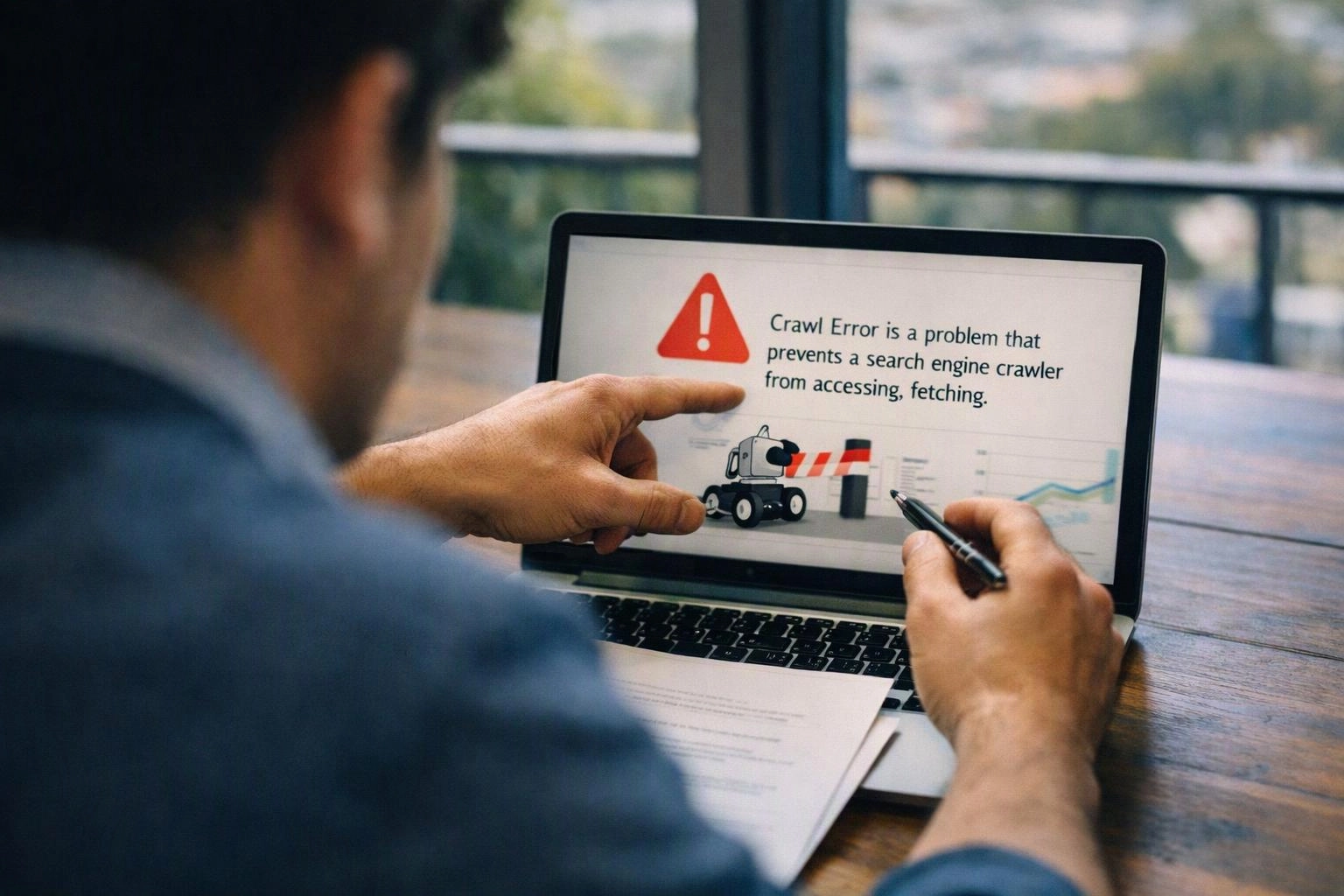 A person points at a laptop screen showing a crawl error warning and a small robot graphic