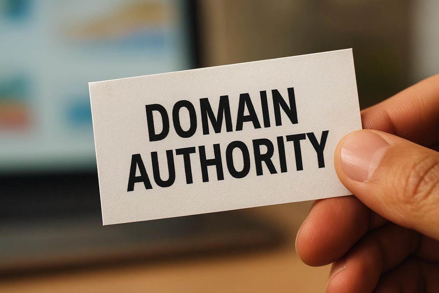 A hand holds a card reading “DOMAIN AUTHORITY” in bold black letters over a blurred screen