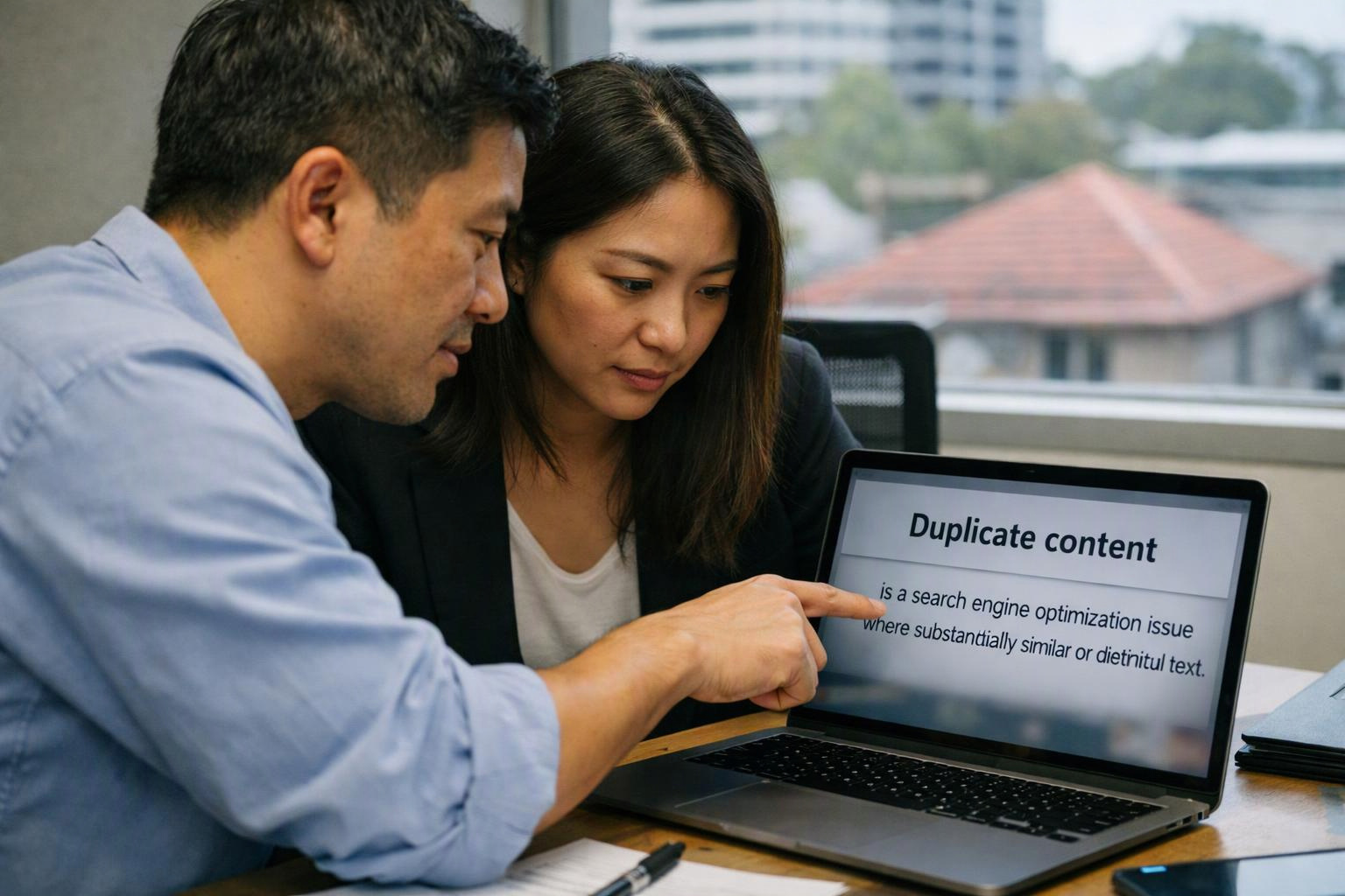 Two people lean over a laptop in an office, one points at a screen showing “Duplicate content”