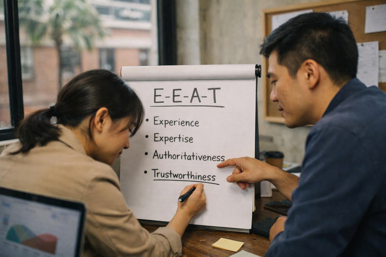 Two coworkers lean over a flip chart, one writing and one pointing at the word list in a bright office