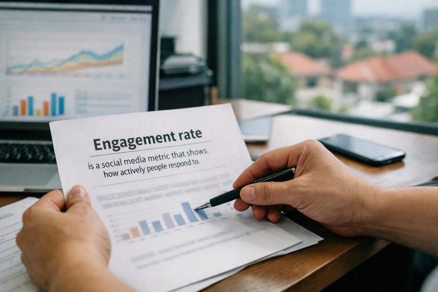 Hands hold a paper titled Engagement rate and point at a bar chart beside a desk monitor with graphs