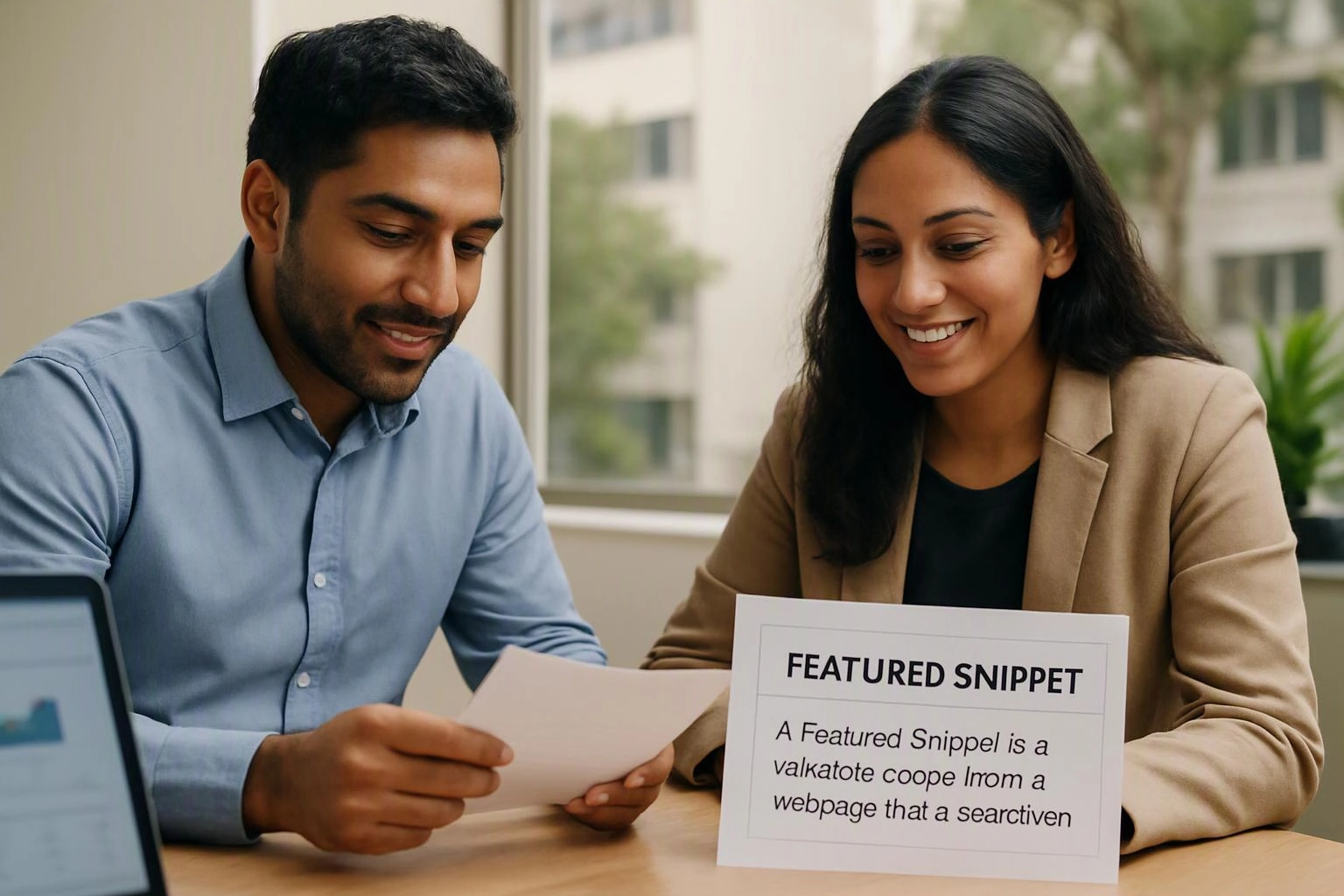 Two smiling coworkers review a paper at a table, with a sign reading “FEATURED SNIPPET” in front of them