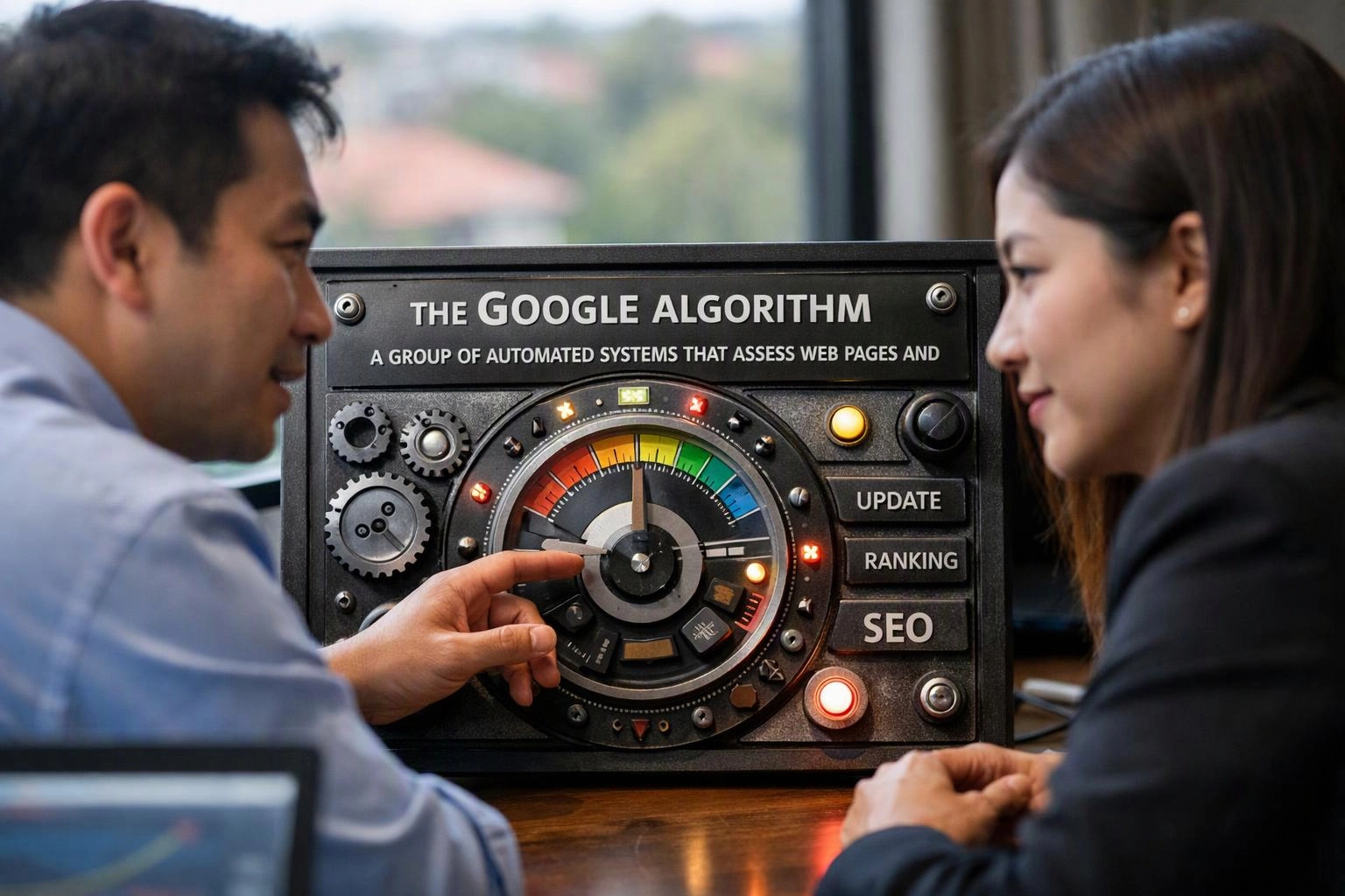 Two people study a gadget-like panel with a colorful gauge and the words “THE GOOGLE ALGORITHM,” “UPDATE,” “RANKING,” and “SEO”