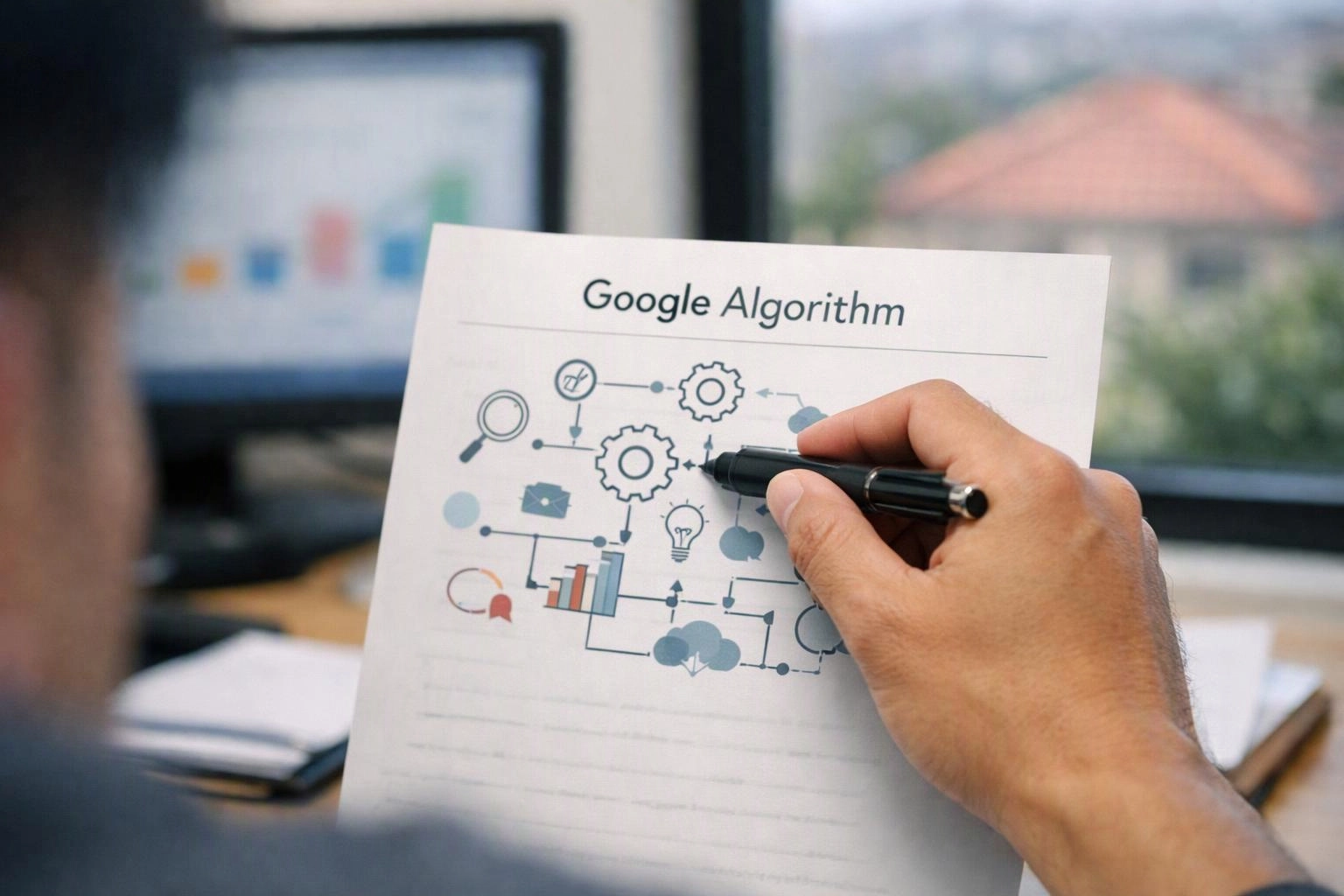 A hand points a pen at a paper labeled “Google Algorithm” with flowchart icons on a desk by a window