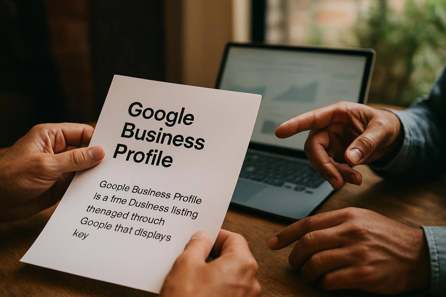 Hands hold a Google Business Profile sheet while another hand points at a laptop on a table