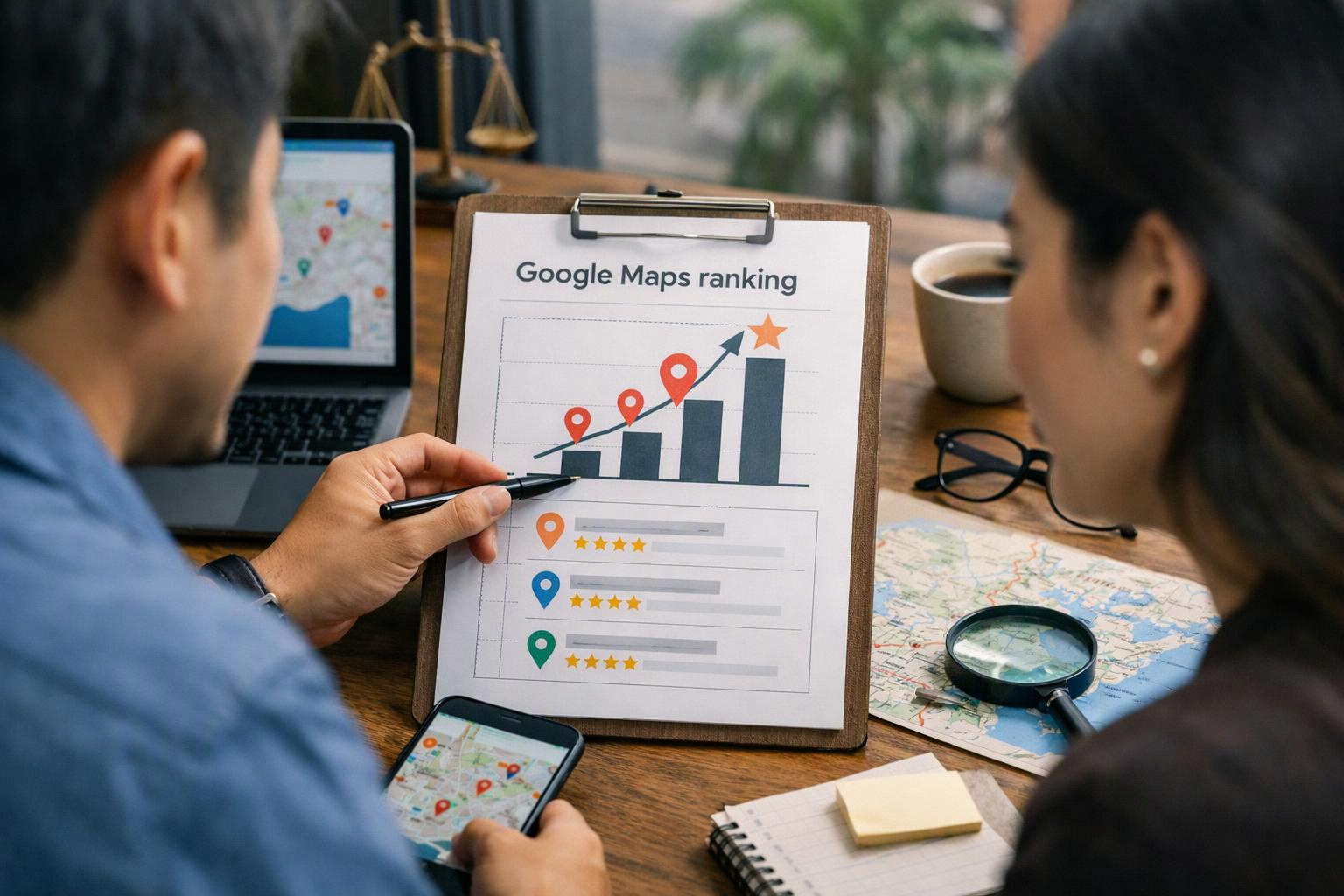Two people review a clipboard chart about Google Maps ranking at a desk with laptops and map tools