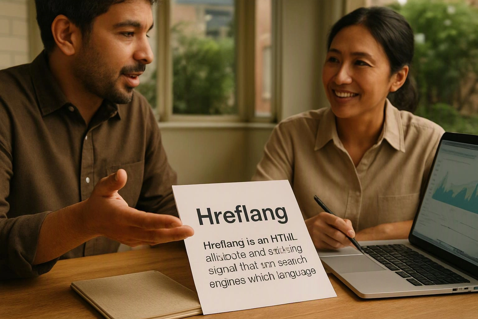 Two coworkers discuss a printed “Hreflang” card beside a laptop at a wooden table