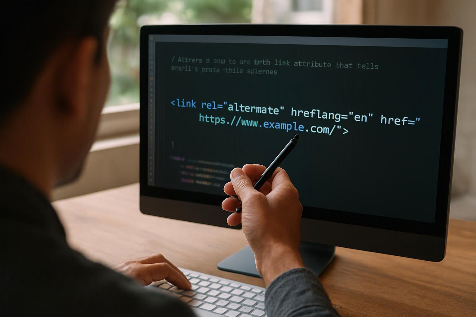 A person points a stylus at code on a desktop monitor beside a keyboard on a wooden desk