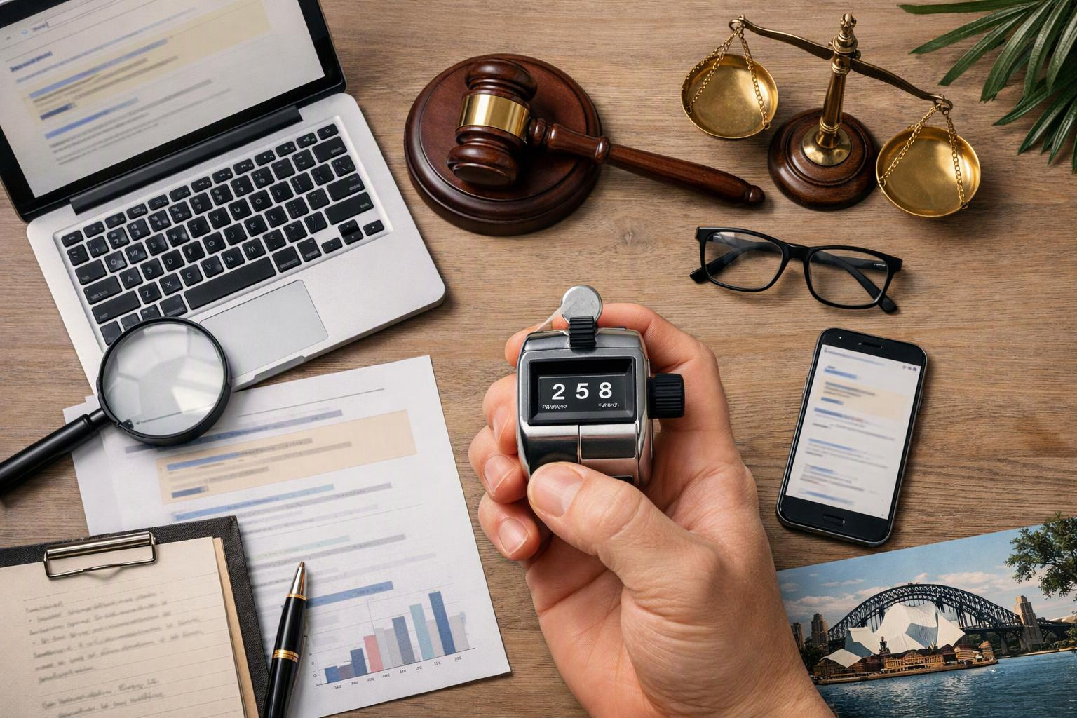 A hand holds a tally counter over legal tools, papers, laptop, phone, and magnifying glass on a desk