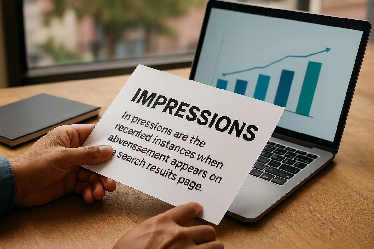 Hands hold a card reading “IMPRESSIONS” in front of a laptop showing a rising bar chart and line graph