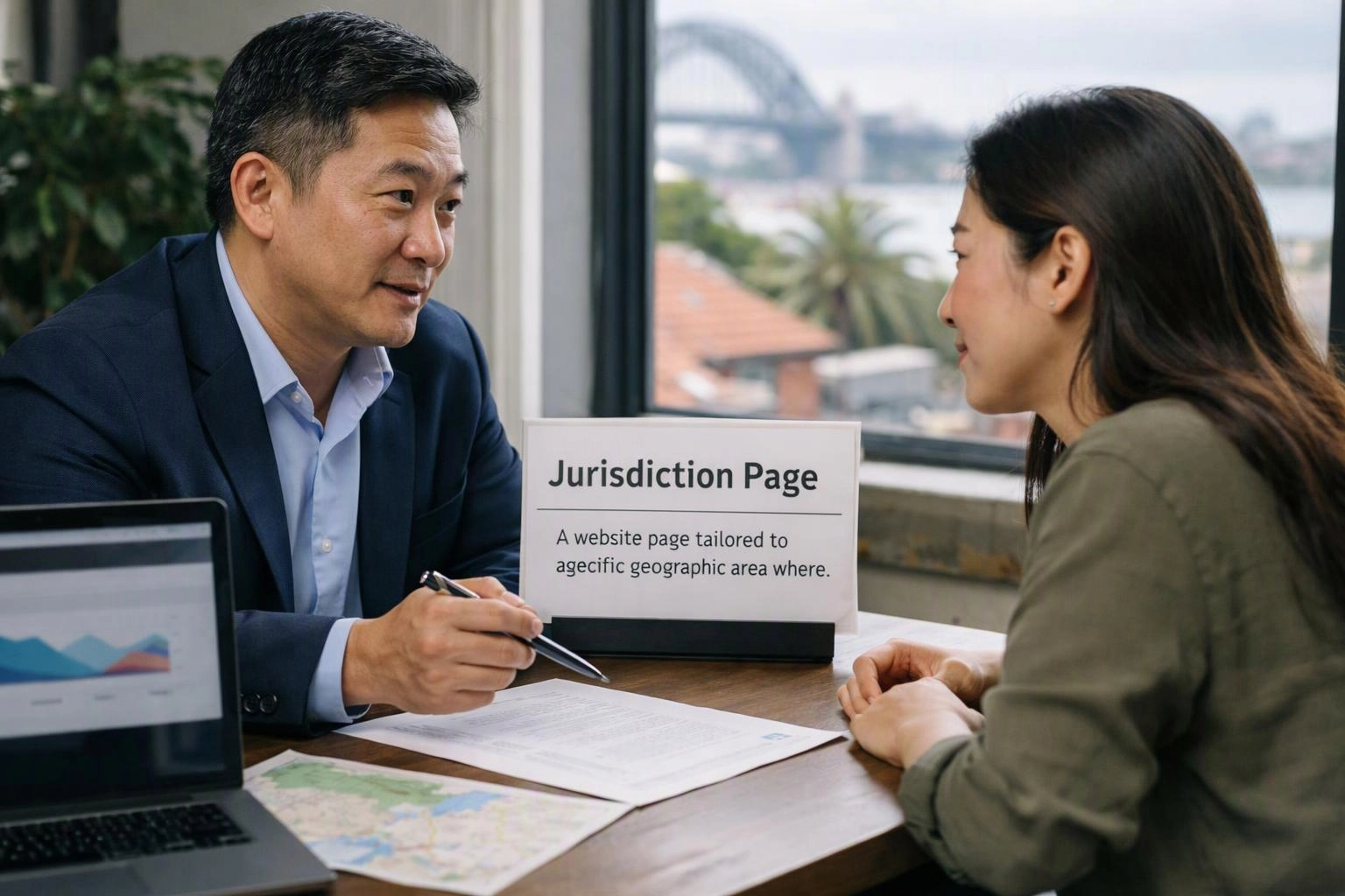 Two people talk across a desk with papers, a laptop, and a sign reading “Jurisdiction Page”