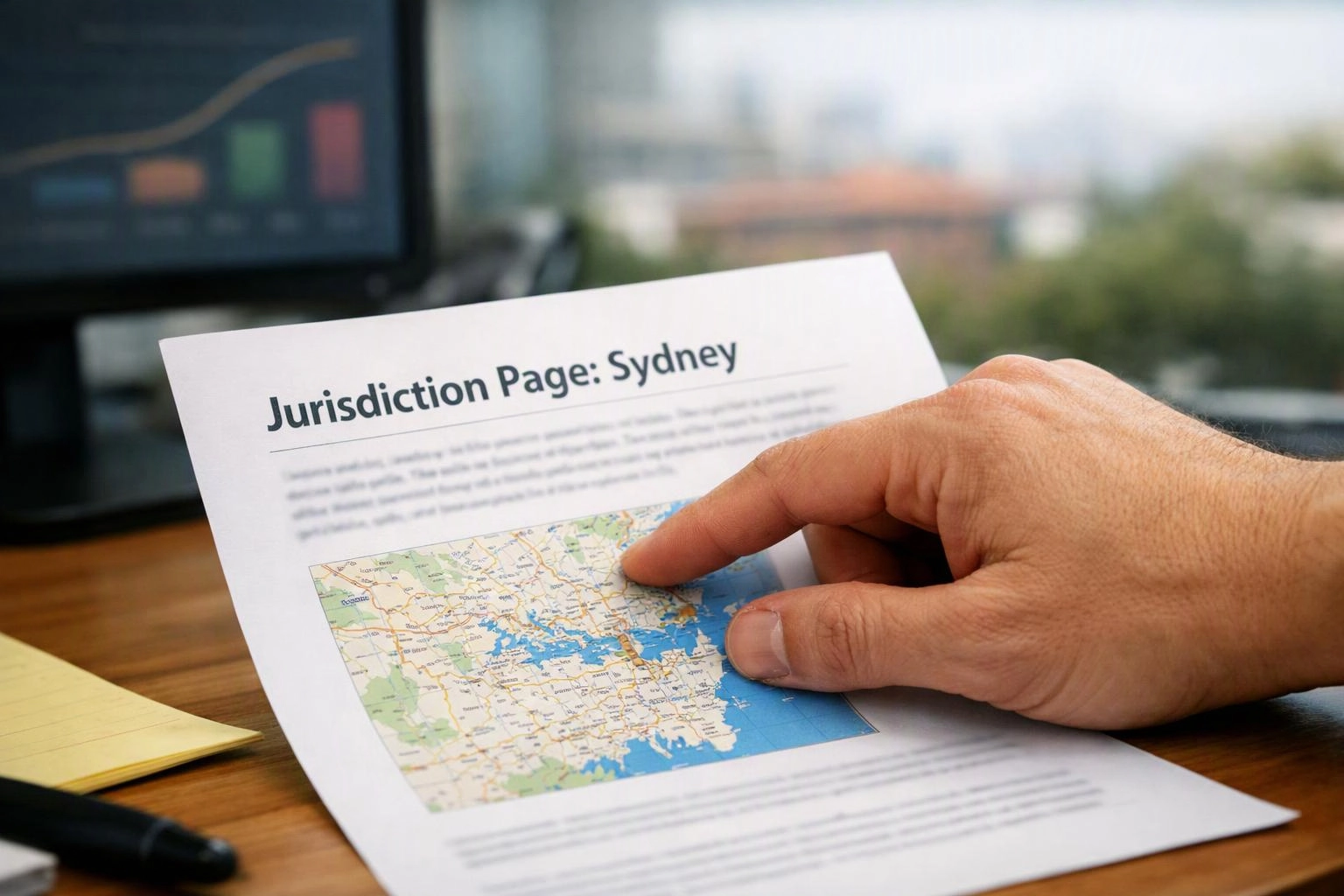 A hand points at a map on a document titled "Jurisdiction Page