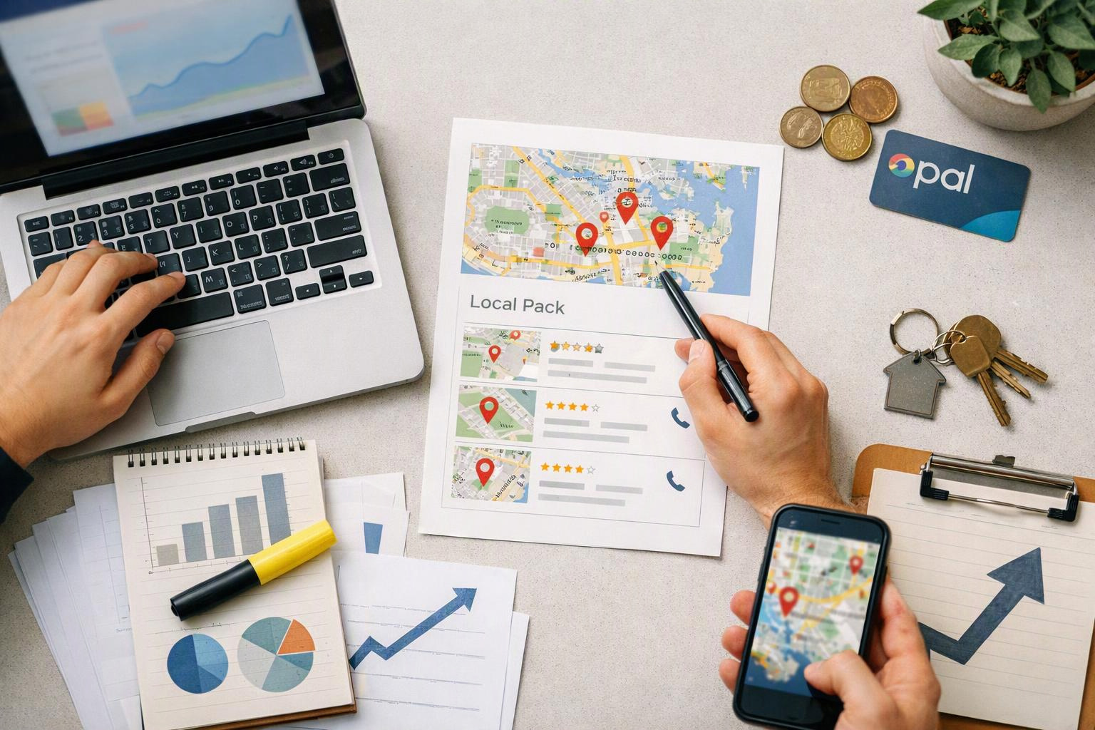 Hands and devices surround a local pack map printout on a desk with charts, keys, coins, and a phone