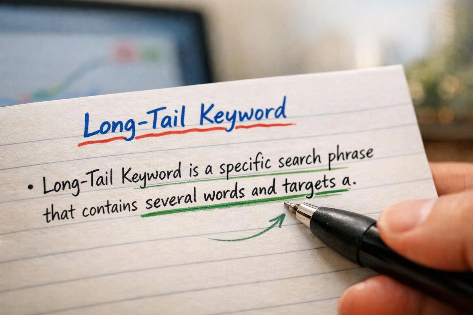 A hand holds a pen over a lined note card with the heading “Long-Tail Keyword” and a handwritten definition